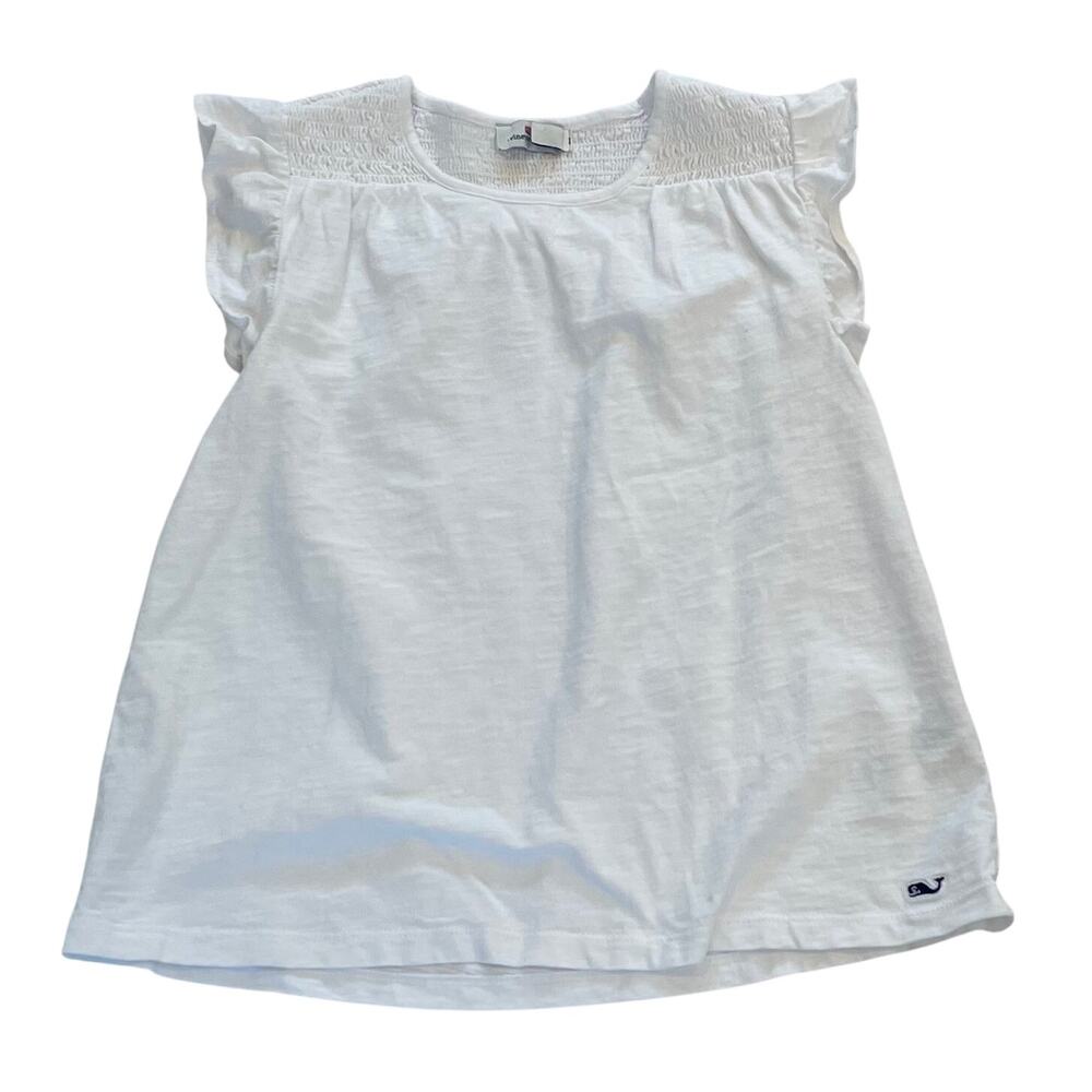 Vineyard Vines Girls White Cotton Ruffle Sleeve Top, Ruched Detail, Size 10-12